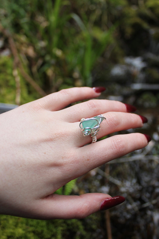 Turquoise Blue Sea Glass Silver Ring